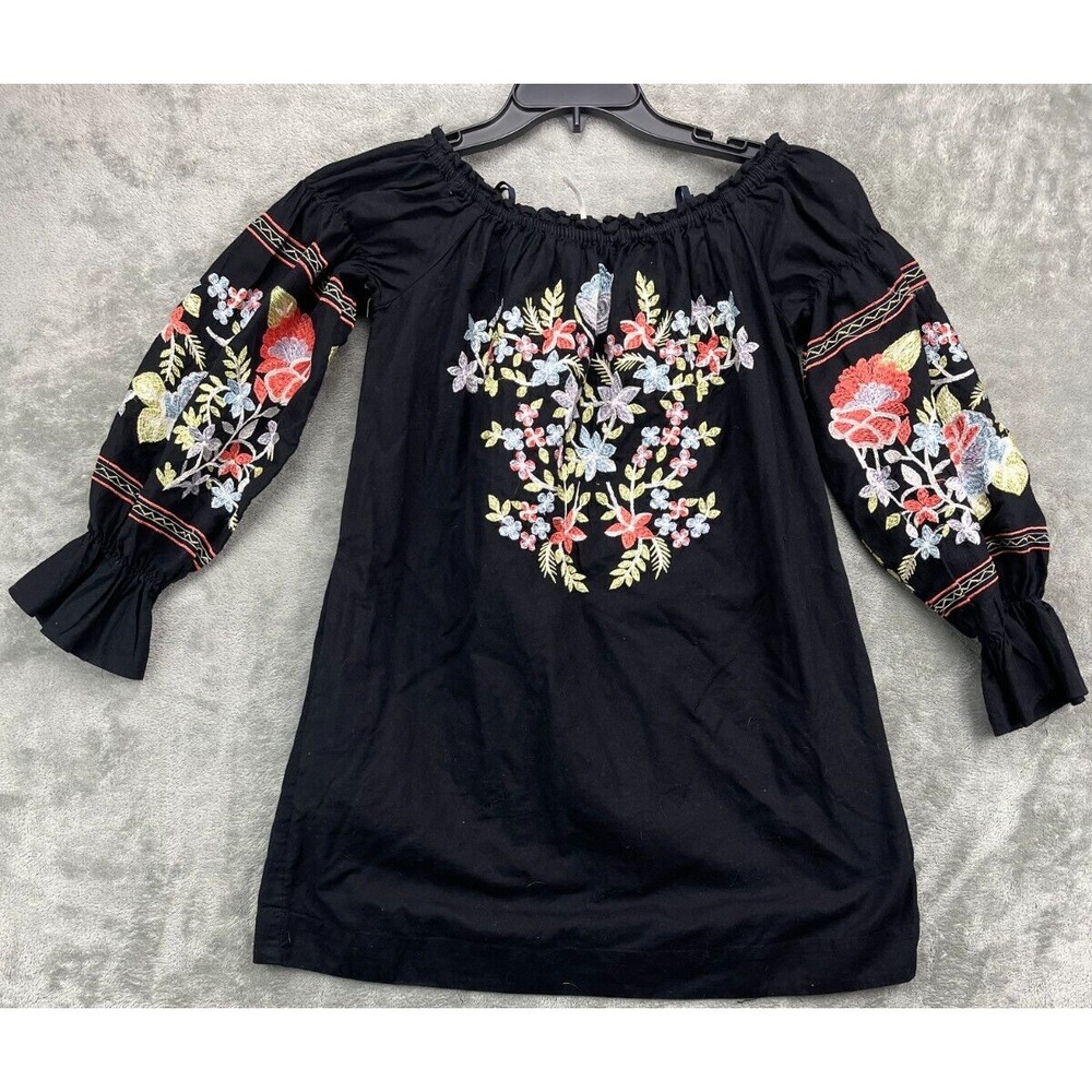 Free People Women's Fleur Du Jour Off Shoulder Embroidered Mini Dress XS Black